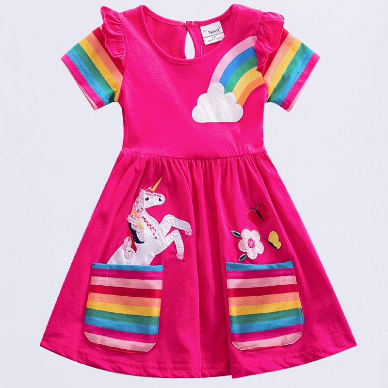 Jenter Søt Tegneserie Ruffled Kjole Med Unicorn Rainbow Print Kortermet Crew Neck