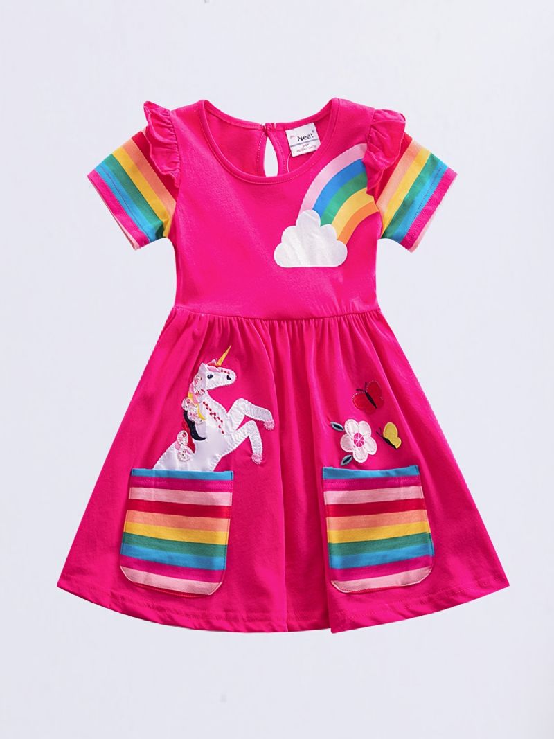 Jenter Søt Tegneserie Ruffled Kjole Med Unicorn Rainbow Print Kortermet Crew Neck