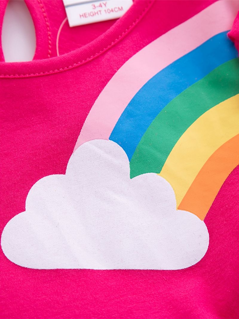 Jenter Søt Tegneserie Ruffled Kjole Med Unicorn Rainbow Print Kortermet Crew Neck