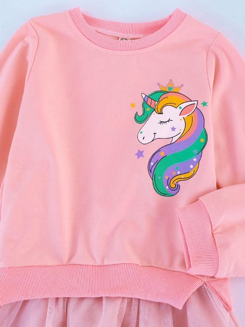 Jenter Unicorn Print Rosa Tulle Mesh Kjole Barneklær