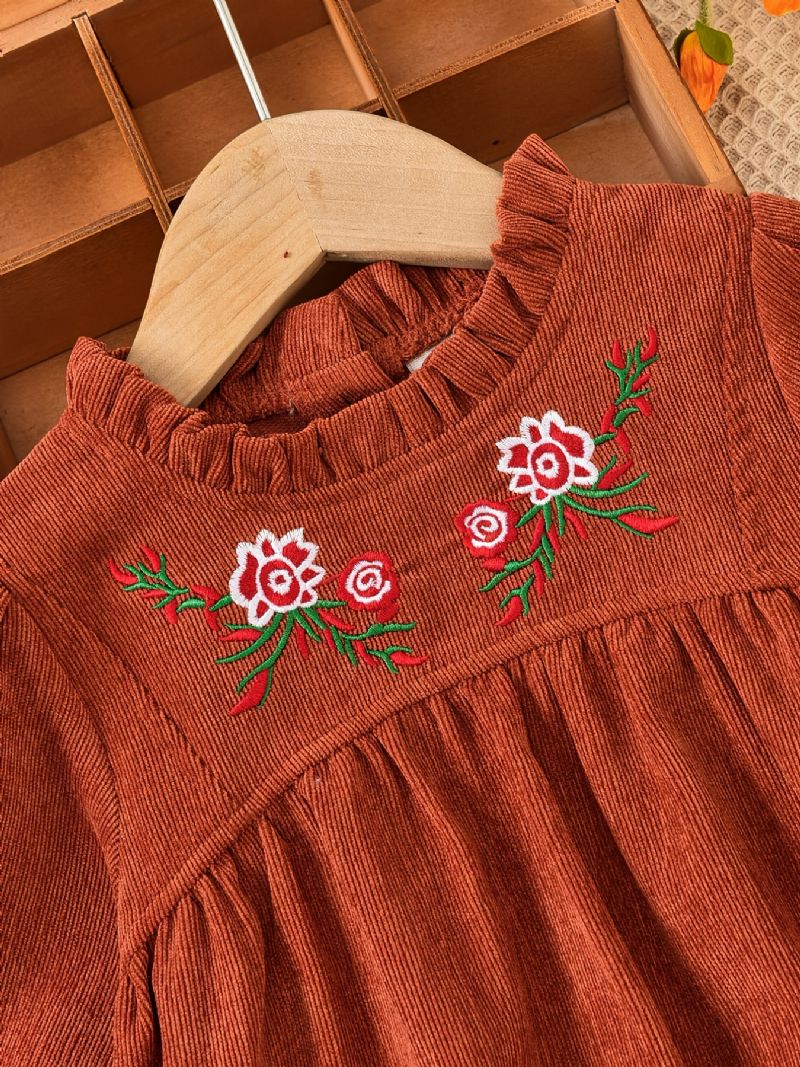 Jenter Vintage Blomster Brodert Corduroy Kjole Langermet Ruffet Hals Prinsessekjole For Høst Vinter