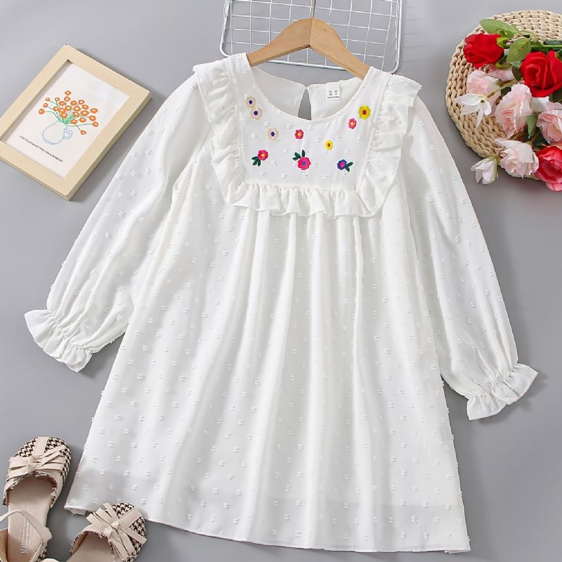 Jenter White Floral Brodery Langermet Ruffle Dress Klær