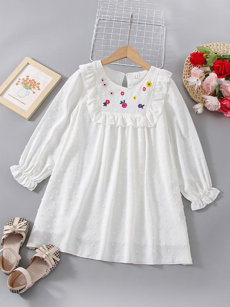 Jenter White Floral Brodery Langermet Ruffle Dress Klær