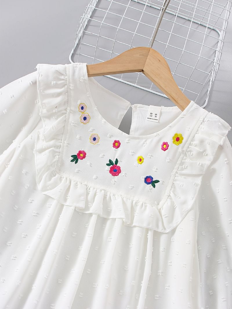 Jenter White Floral Brodery Langermet Ruffle Dress Klær