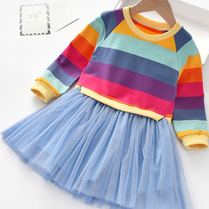 Kid Baby Jenter Rainbow Striped Spleise Party Tyll Langermet Prinsessekjole