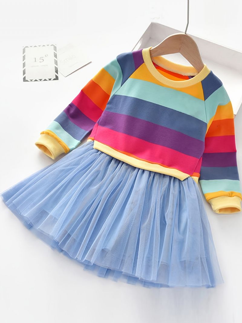 Kid Baby Jenter Rainbow Striped Spleise Party Tyll Langermet Prinsessekjole