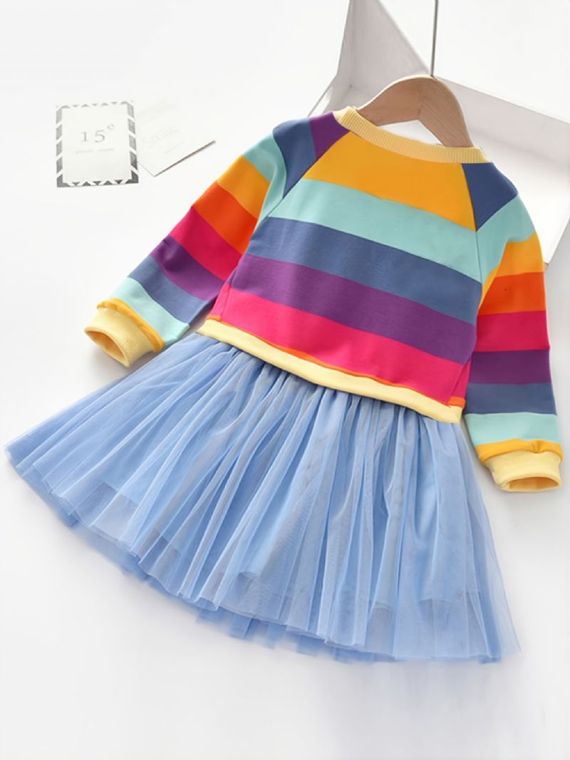 Kid Baby Jenter Rainbow Striped Spleise Party Tyll Langermet Prinsessekjole