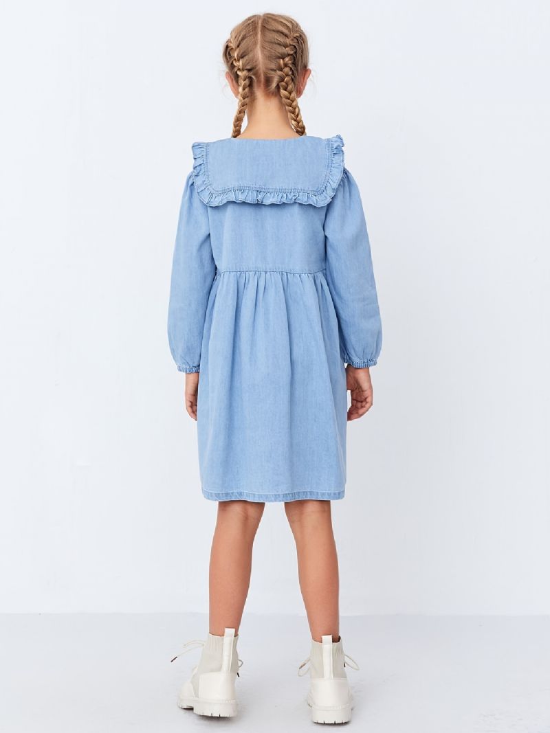 Langermet Ruffle Casual Denim Kjole For Baby Jenter Småbarn