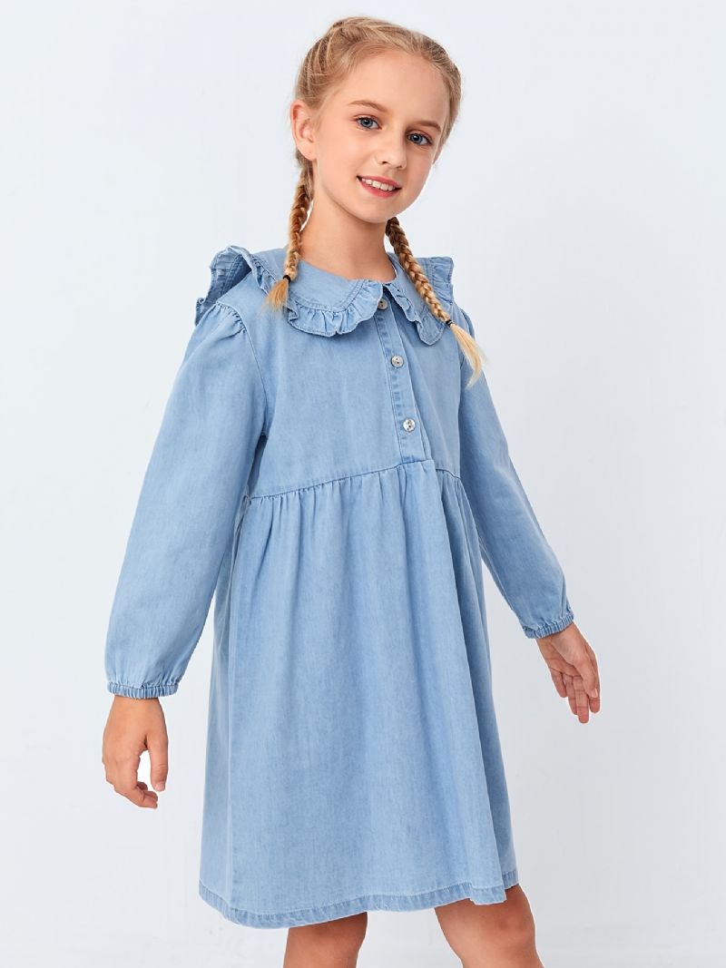 Langermet Ruffle Casual Denim Kjole For Baby Jenter Småbarn