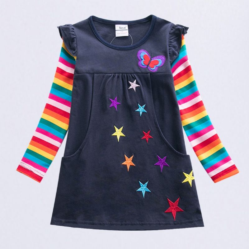 Langermet Star Butterfly Brodert Rainbow Sleeve To Pocket A-line Kjole