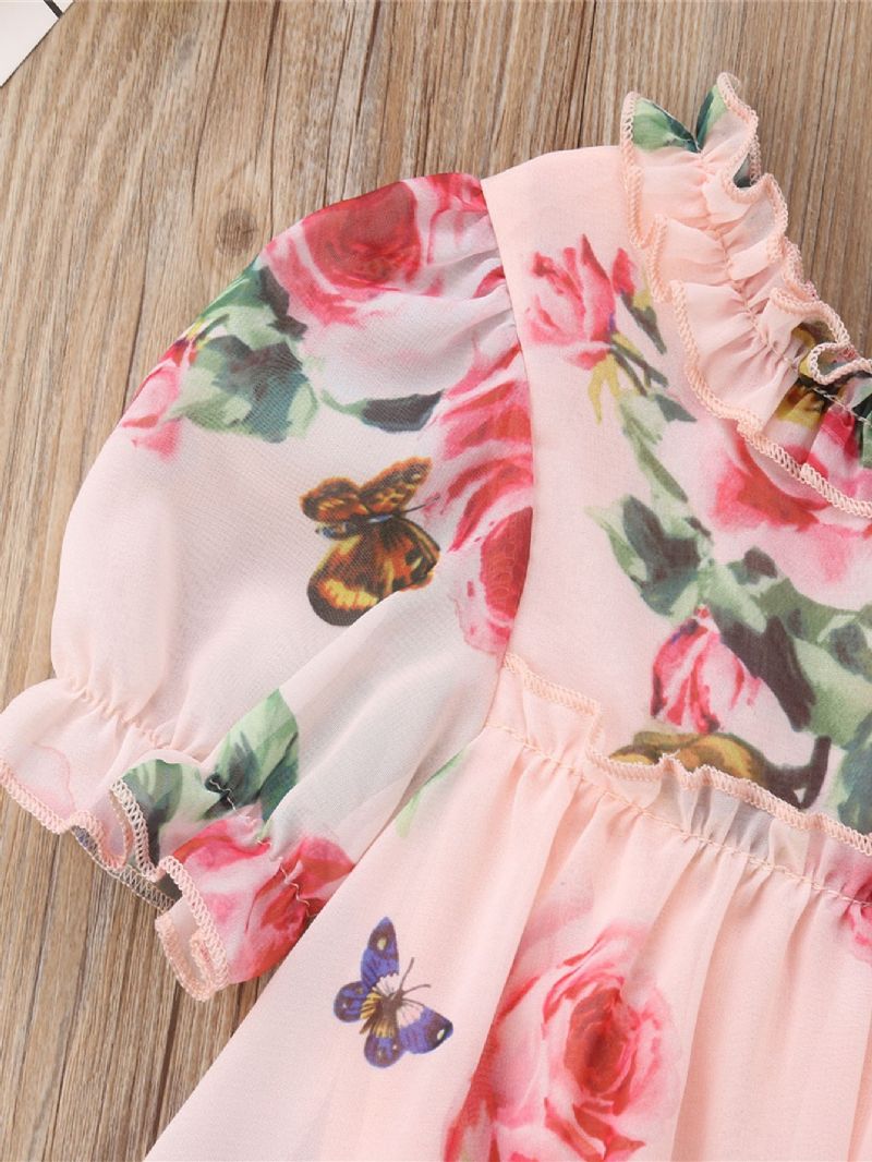 Småbarn Baby Jenter Ruffles Kjole Puff Ermer Blomster Print Prinsesse Barneklær