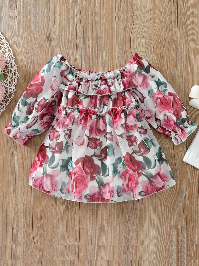 Småbarn Jenter Flower Print Ruffle Neck Kjole