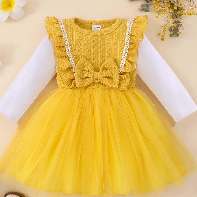 Småbarn Jenter Langermet Skjøting Ruffles Dress Princess Bue Fluffy Tyll Babyklær