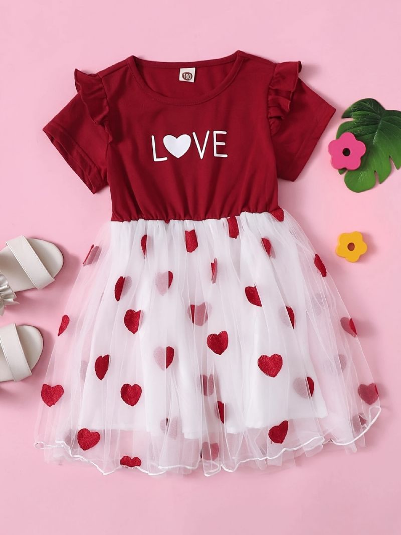 Småbarn Jenter Mesh Skjøtekjole Kortermet Rundhals Ruffle Heart Print Dress