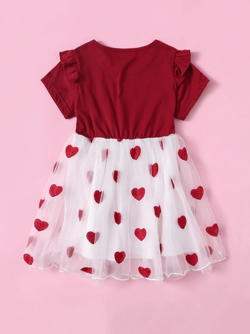 Småbarn Jenter Mesh Skjøtekjole Kortermet Rundhals Ruffle Heart Print Dress