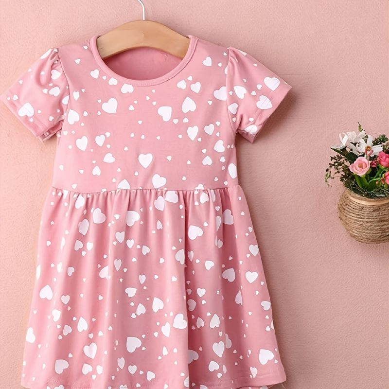 Toddler Jenter Cute Heart Printed Cotton Crew Neck Dress