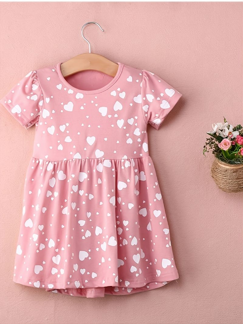 Toddler Jenter Cute Heart Printed Cotton Crew Neck Dress