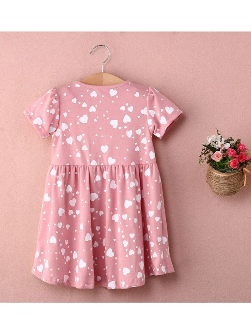 Toddler Jenter Cute Heart Printed Cotton Crew Neck Dress