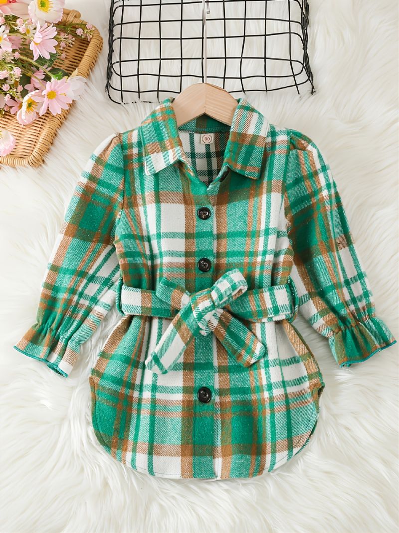 Toddler Jenter Gingham Collared Puff Sleeve Bluse Dress & Belte