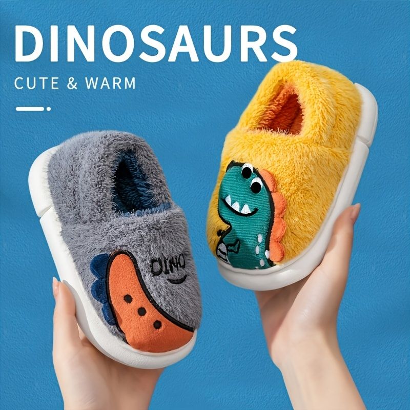 Gutter Jenter Uformelle Tøfler Fleece Termisk Tegneserie Dinosaurtrykk Slip-on For Vinteren Hjem