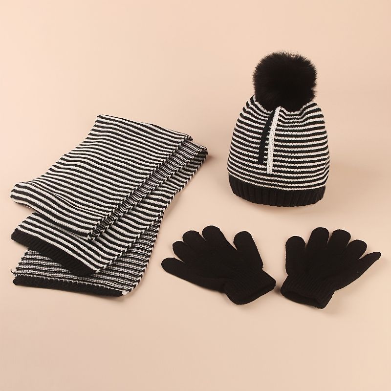 3 Stk Barn Warm Stripe Hat Skjerfhansker Sett Høst Vinter