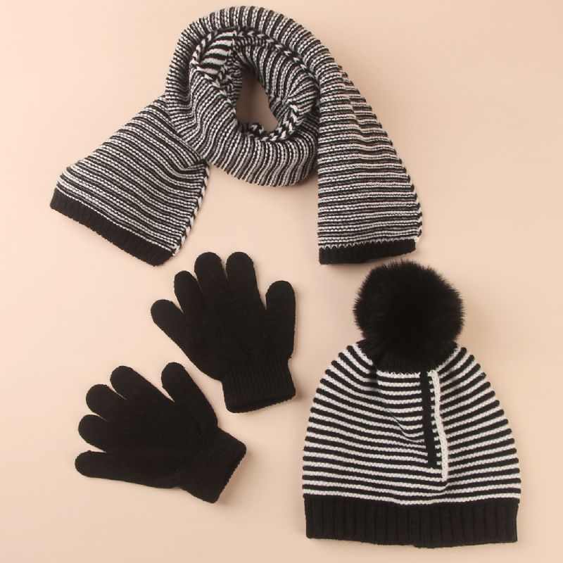 3 Stk Barn Warm Stripe Hat Skjerfhansker Sett Høst Vinter