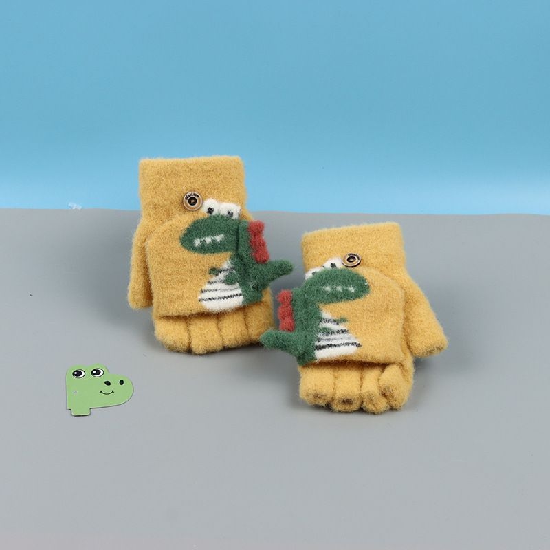 Barnas Flip Gloves Dinosaur Cute Cartoon Strikket Half-finger Hansker Vinter