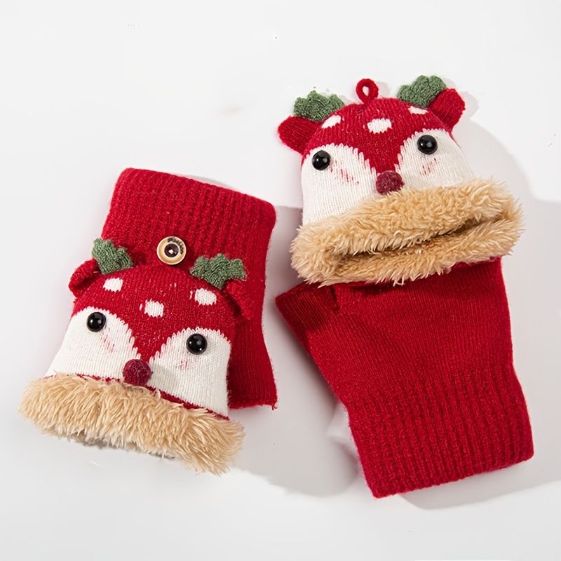 Christmas Elk Cute Cartoon Plus Velvet Warm Half Finger Hansker Med Flip Top For Gutter Jenter Høst Vinter