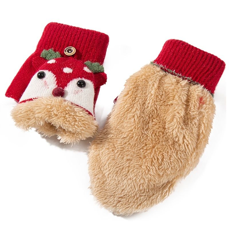 Christmas Elk Cute Cartoon Plus Velvet Warm Half Finger Hansker Med Flip Top For Gutter Jenter Høst Vinter