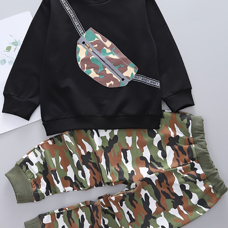 2 Stk Baby Camouflage Skolesekk Print Pullover Rund Hals Langermet Sweater & Buksesett For Gutter