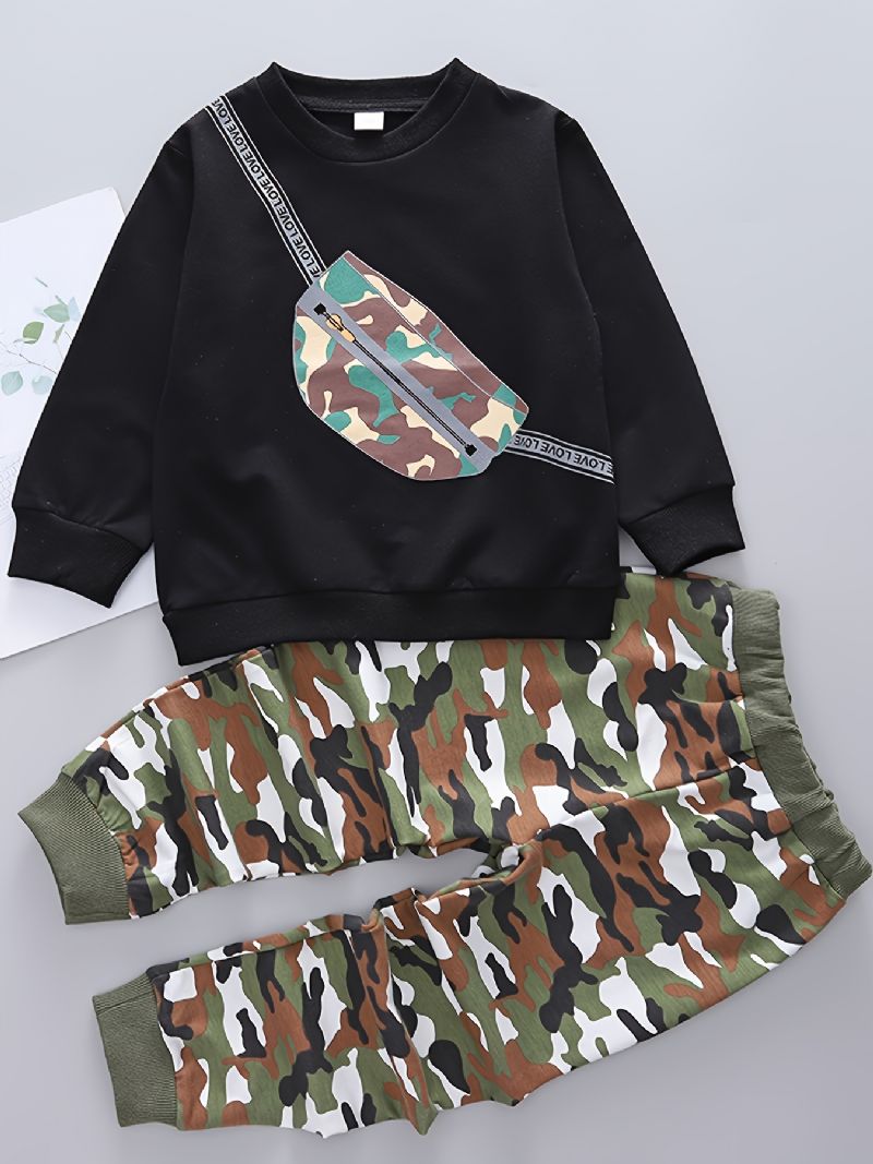 2 Stk Baby Camouflage Skolesekk Print Pullover Rund Hals Langermet Sweater & Buksesett For Gutter