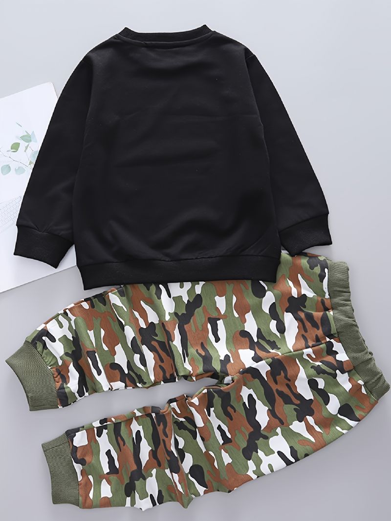 2 Stk Baby Camouflage Skolesekk Print Pullover Rund Hals Langermet Sweater & Buksesett For Gutter