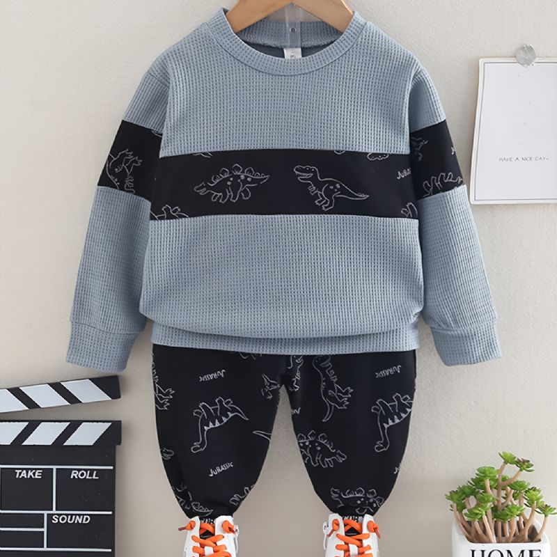 2 Stk Baby Dinosaur Print Skjøte Pullover Rund Hals Langermet Sweatshirt & Buksesett For Jenter Gutter