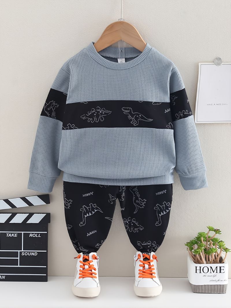 2 Stk Baby Dinosaur Print Skjøte Pullover Rund Hals Langermet Sweatshirt & Buksesett For Jenter Gutter