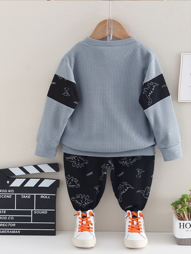 2 Stk Baby Dinosaur Print Skjøte Pullover Rund Hals Langermet Sweatshirt & Buksesett For Jenter Gutter