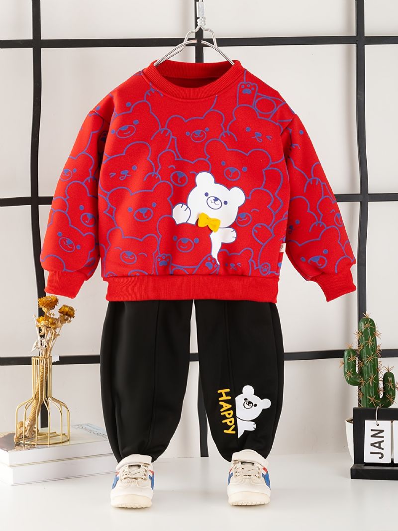 2 Stk Baby Gutter Bear Print Pullover Rund Hals Langermet Sweatshirt & Buksesett Barneklær