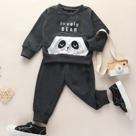 2 Stk Baby Gutter Brevtrykk Panda Tegneserie Rundhals Langermet Genser Sweatshirt Solid Elastisk Midjebuksesett Klær