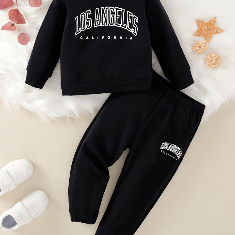 2 Stk Baby Gutter Brevtrykk Pullover Rundhals Langermet Sweatshirt & Buksesett