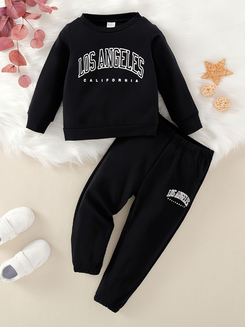 2 Stk Baby Gutter Brevtrykk Pullover Rundhals Langermet Sweatshirt & Buksesett