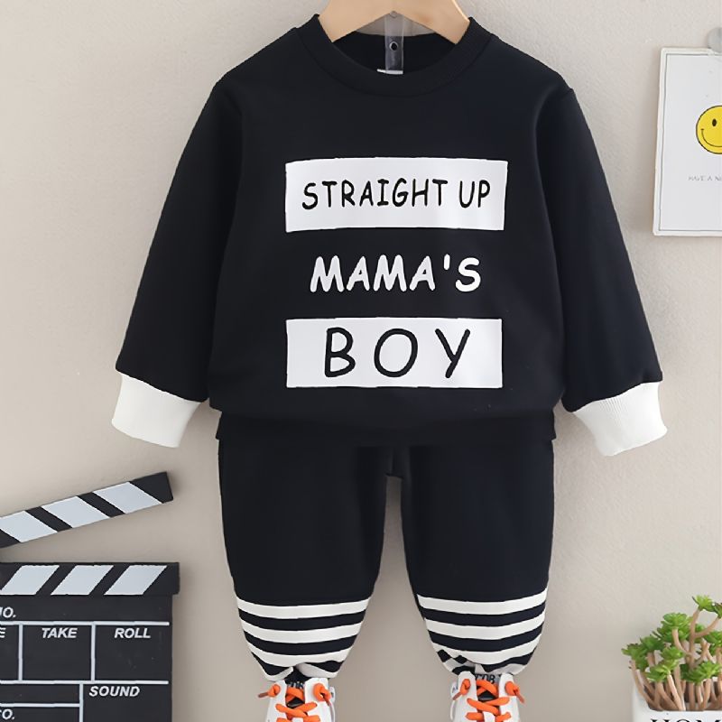 2 Stk Baby Gutter Brevtrykk Pullover Rundhals Langermet Sweatshirt & Buksesett