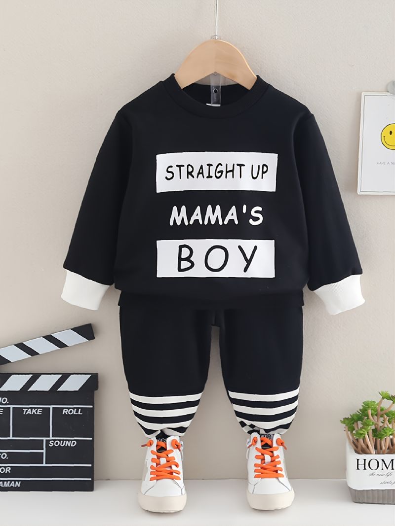 2 Stk Baby Gutter Brevtrykk Pullover Rundhals Langermet Sweatshirt & Buksesett