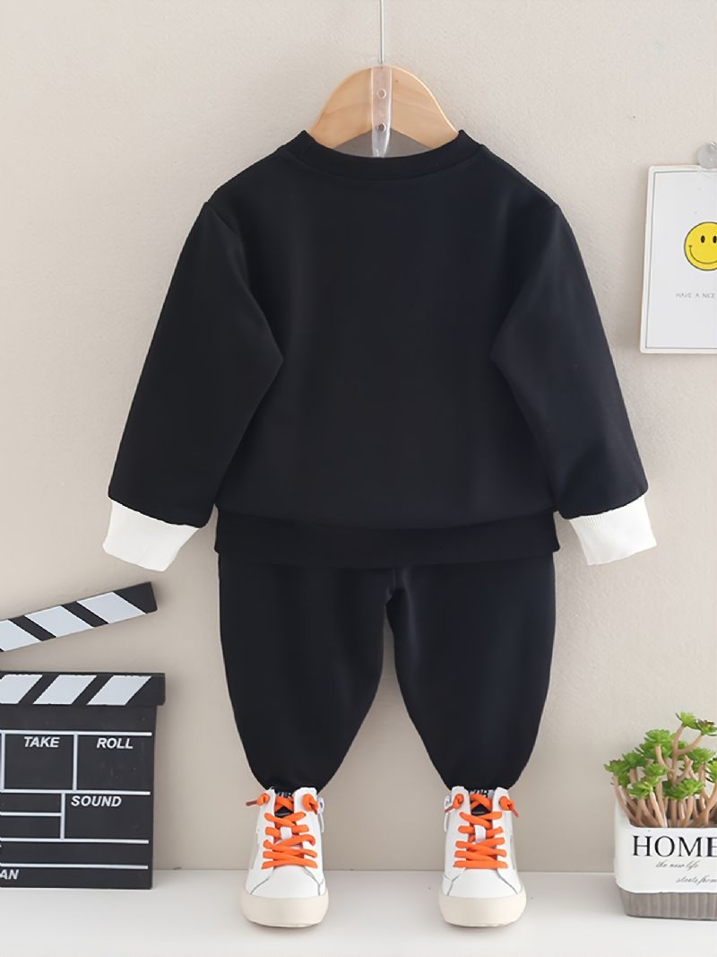 2 Stk Baby Gutter Brevtrykk Pullover Rundhals Langermet Sweatshirt & Buksesett