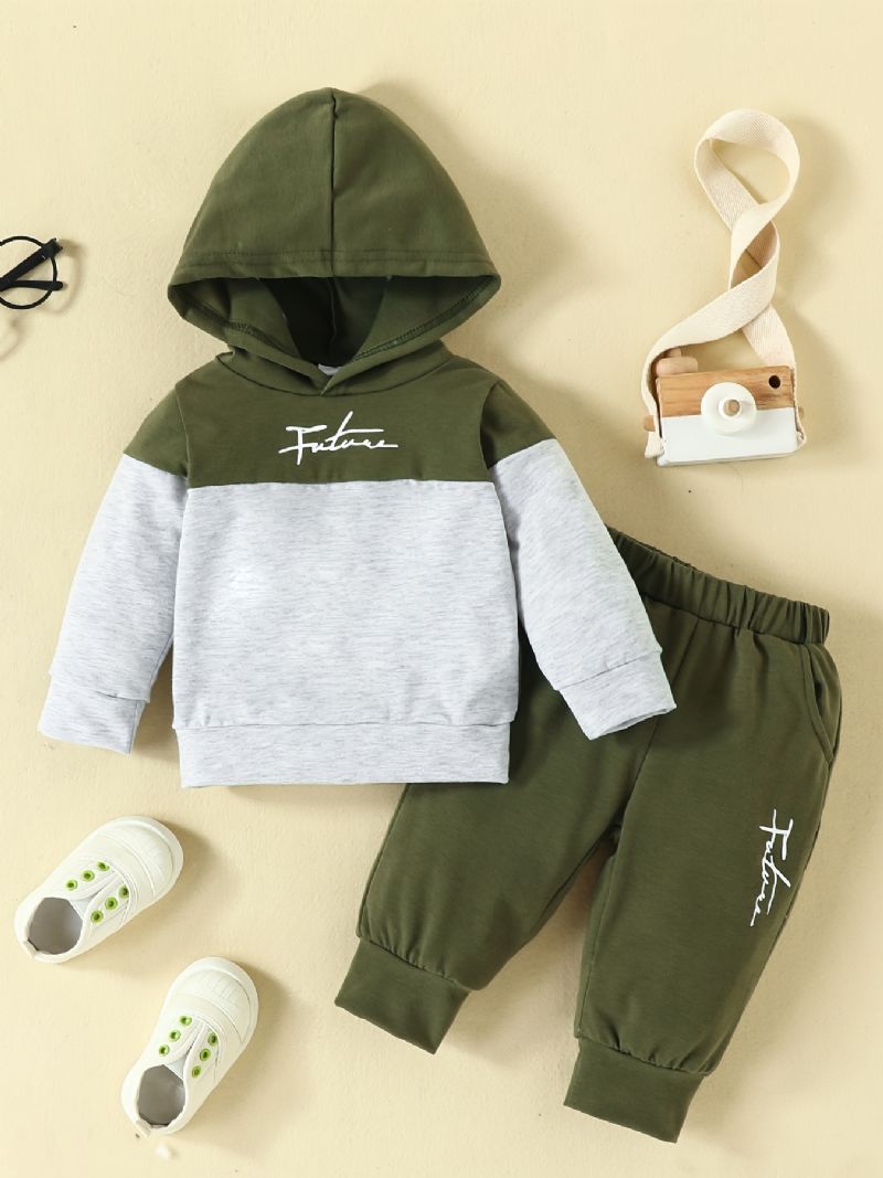 2 Stk Baby Gutter Casual Sett Med Bokstavtrykk Fargeblokk Sweatshirt & Sweatpants For Vinter