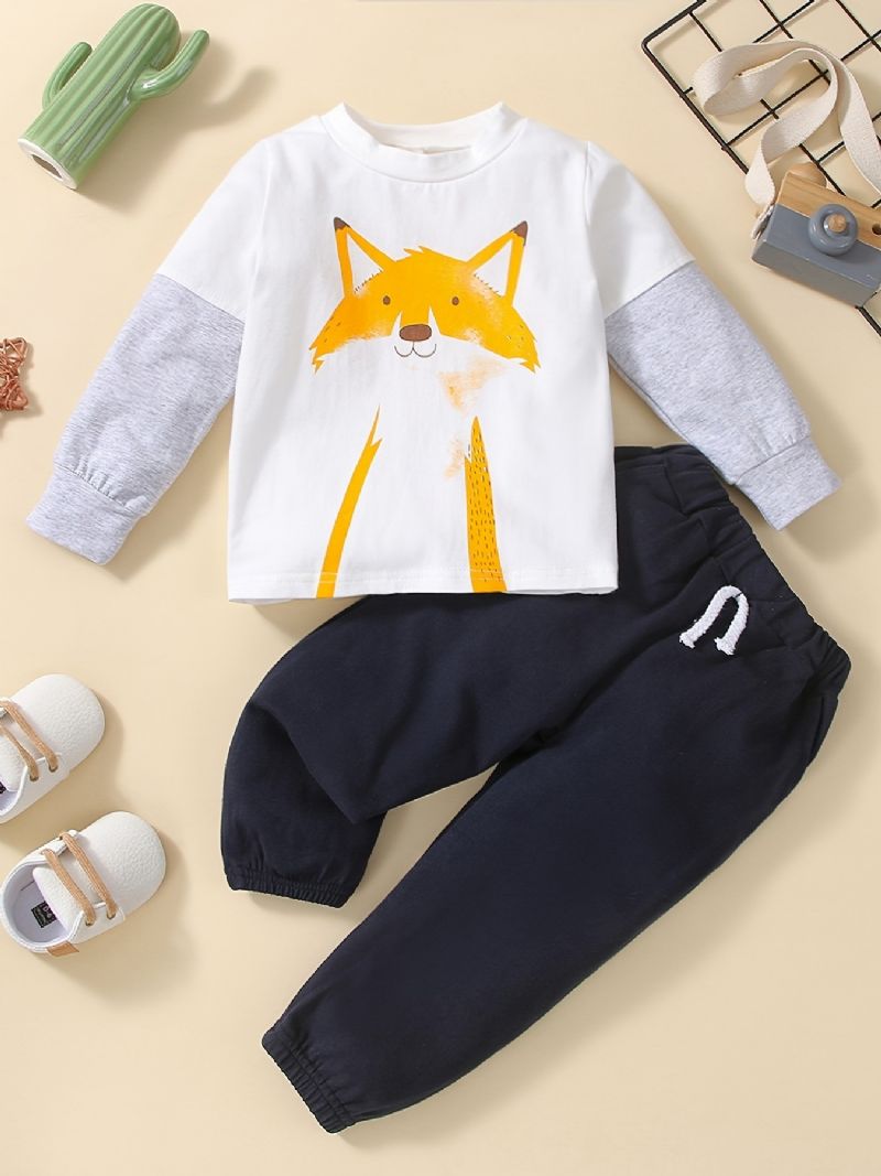 2 Stk Baby Gutter Fox Print Pullover Rundhals Langermet Sweatshirt & Buksesett