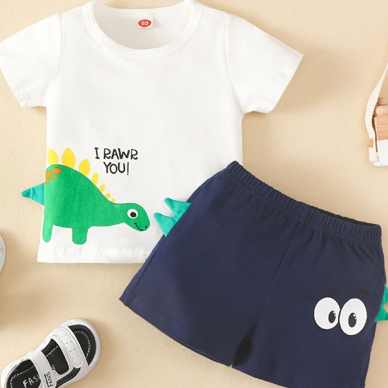 2 Stk Baby Gutter Kortermet Dinosaur Letter Print Tee & Shorts Sett Barneklær