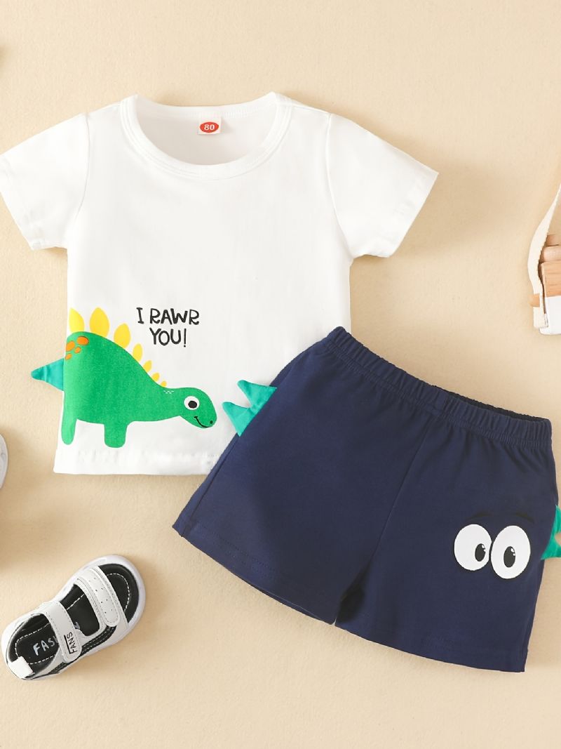 2 Stk Baby Gutter Kortermet Dinosaur Letter Print Tee & Shorts Sett Barneklær