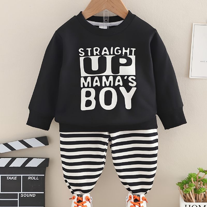 2 Stk Baby Gutter Letter Print Pullover Rund Hals Langermet Sweatshirt & Stripete Bukser Barneklær Sett