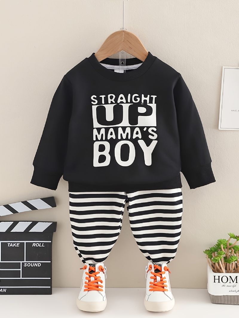 2 Stk Baby Gutter Letter Print Pullover Rund Hals Langermet Sweatshirt & Stripete Bukser Barneklær Sett