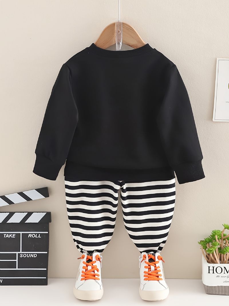 2 Stk Baby Gutter Letter Print Pullover Rund Hals Langermet Sweatshirt & Stripete Bukser Barneklær Sett