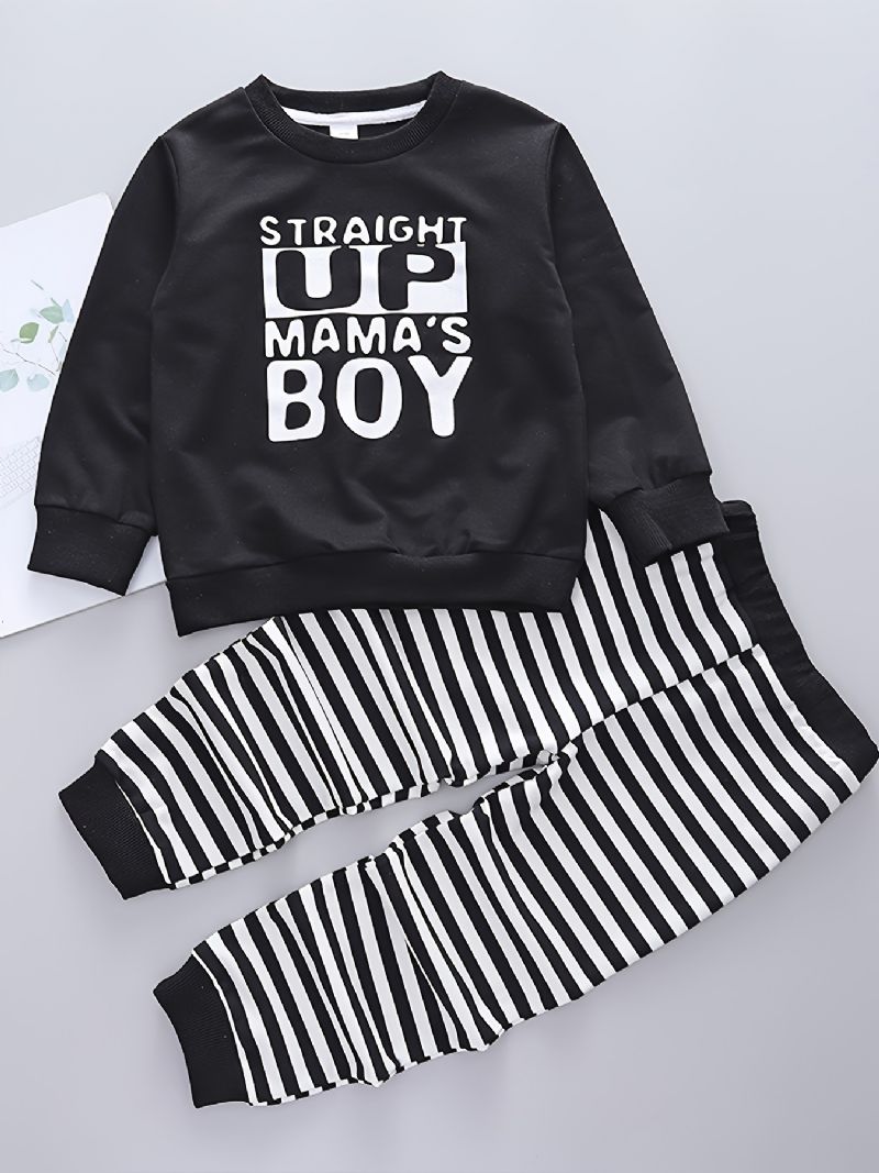 2 Stk Baby Gutter Letter Print Pullover Rund Hals Langermet Sweatshirt & Stripete Bukser Barneklær Sett